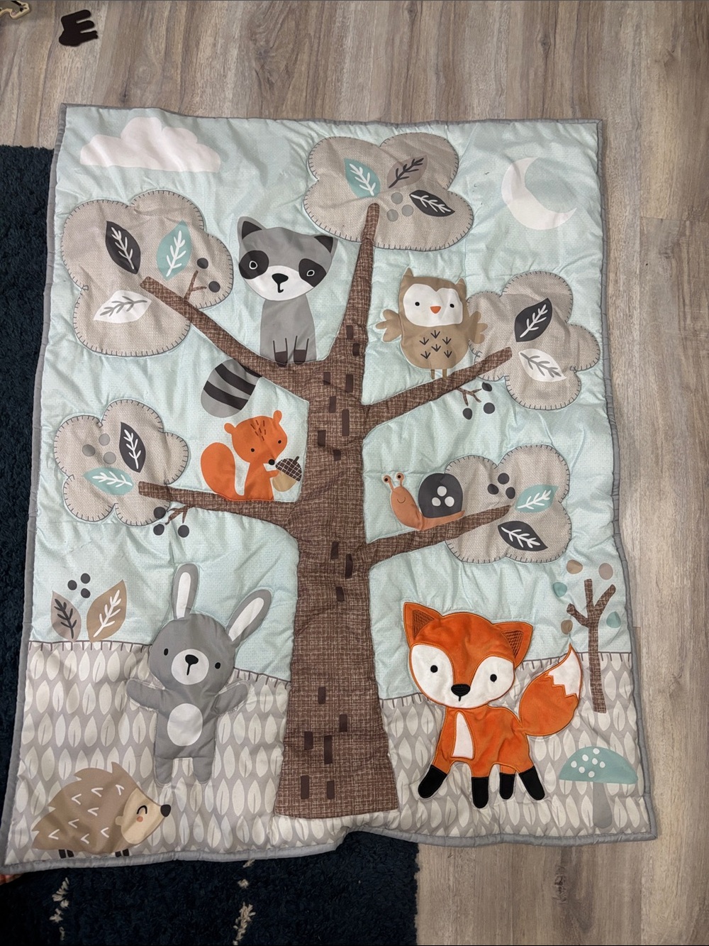 Woodland Friends Baby Quilt - Fox & Tree Nursery Bedding (Aqua, Gray, Orange)